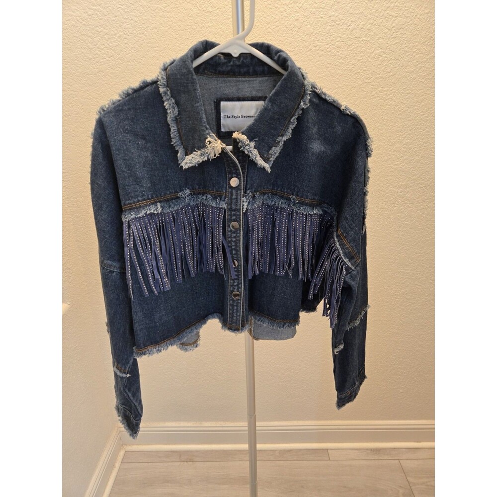 The Style Between Us Denim Jacket M Blue Fringe Rhinestone Cropped Distressed